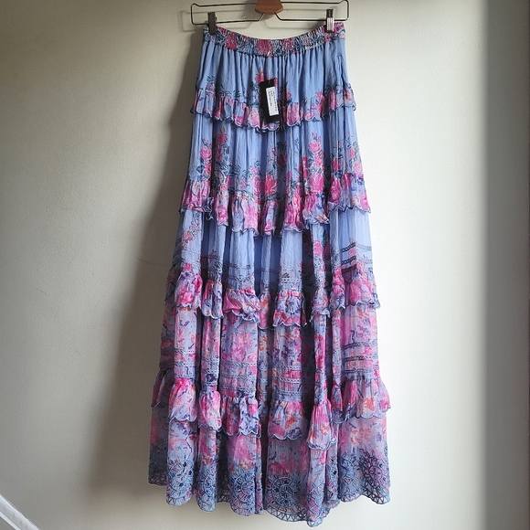 NWOT HEMANT AND NANDITA Mila Floral Blue Pink Tiered Maxi Skirt Small - Picture 4 of 7